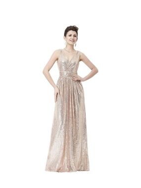 Rose Gold Sequin Prom Dress Size 10 Sleeveless V Neck Formal Evening Gown NWT